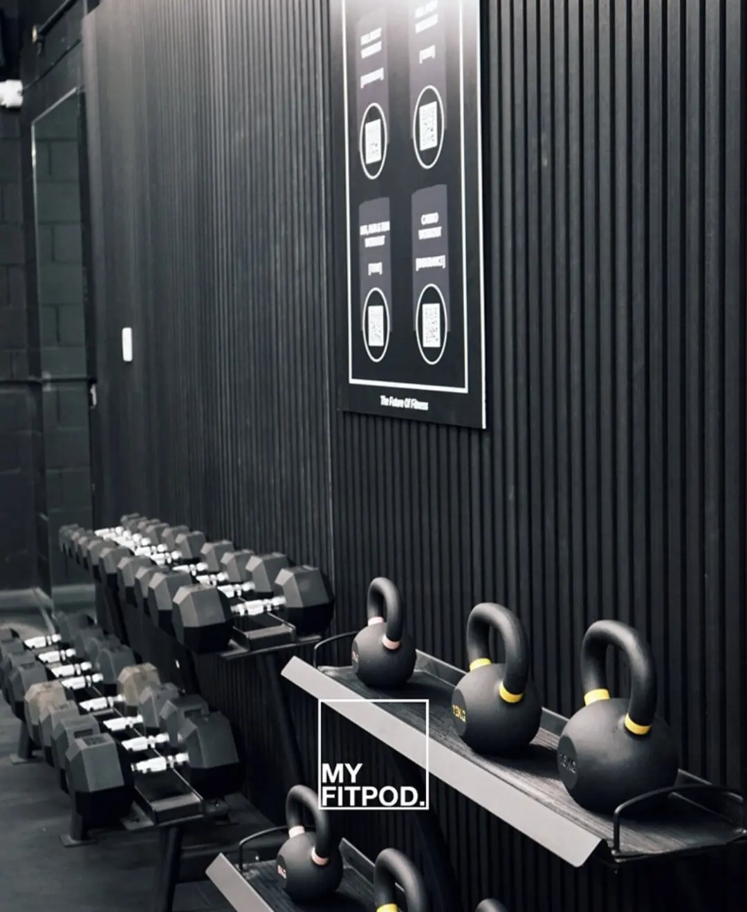 Detailed view of Primal Strength power cage and Olympic weights in myfitpod private studio.
